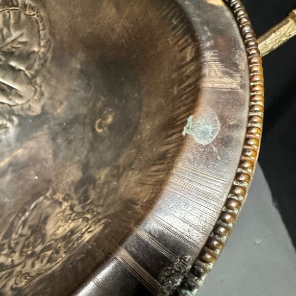 Vintage Brass Table Centerpiece Bowl Pedestal Embossed Fruit with Handles 16" L - Picture 7 of 14